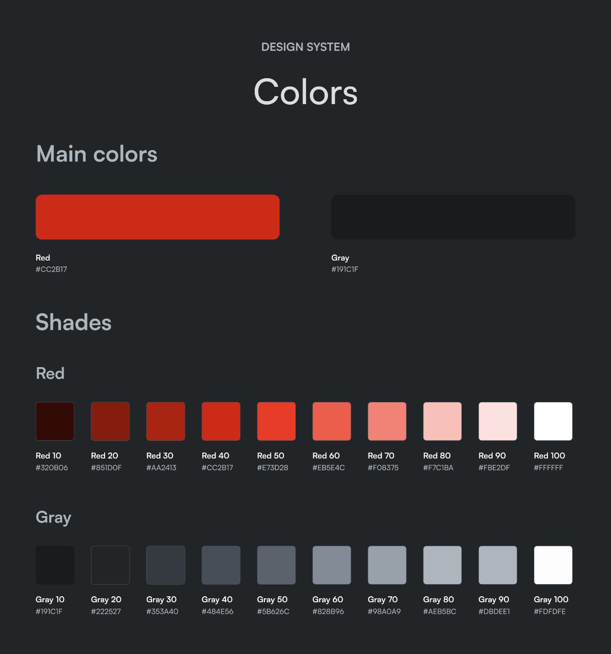 Colours: a main red and a near-black grey, each with shades from 10 to 100