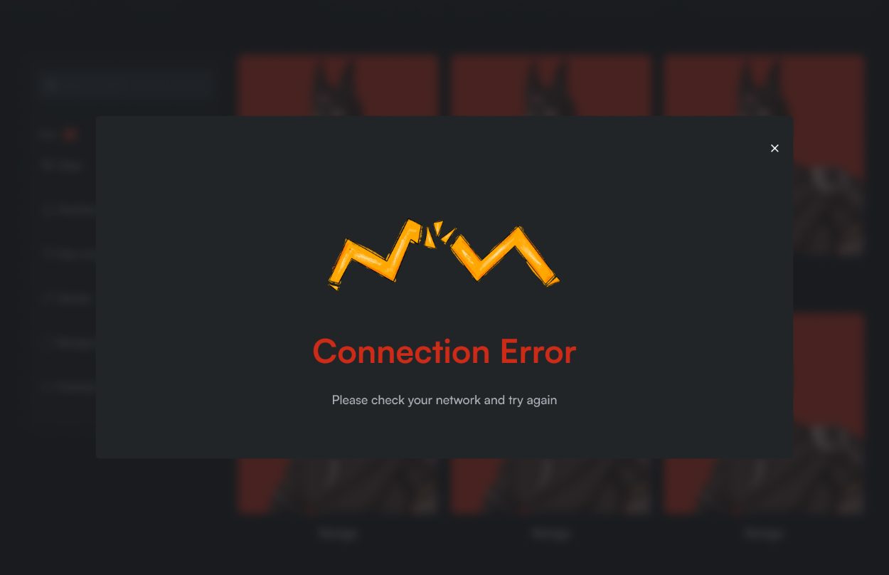 Connection error: the Bulan mark over a dimmed gallery with a message and a retry button