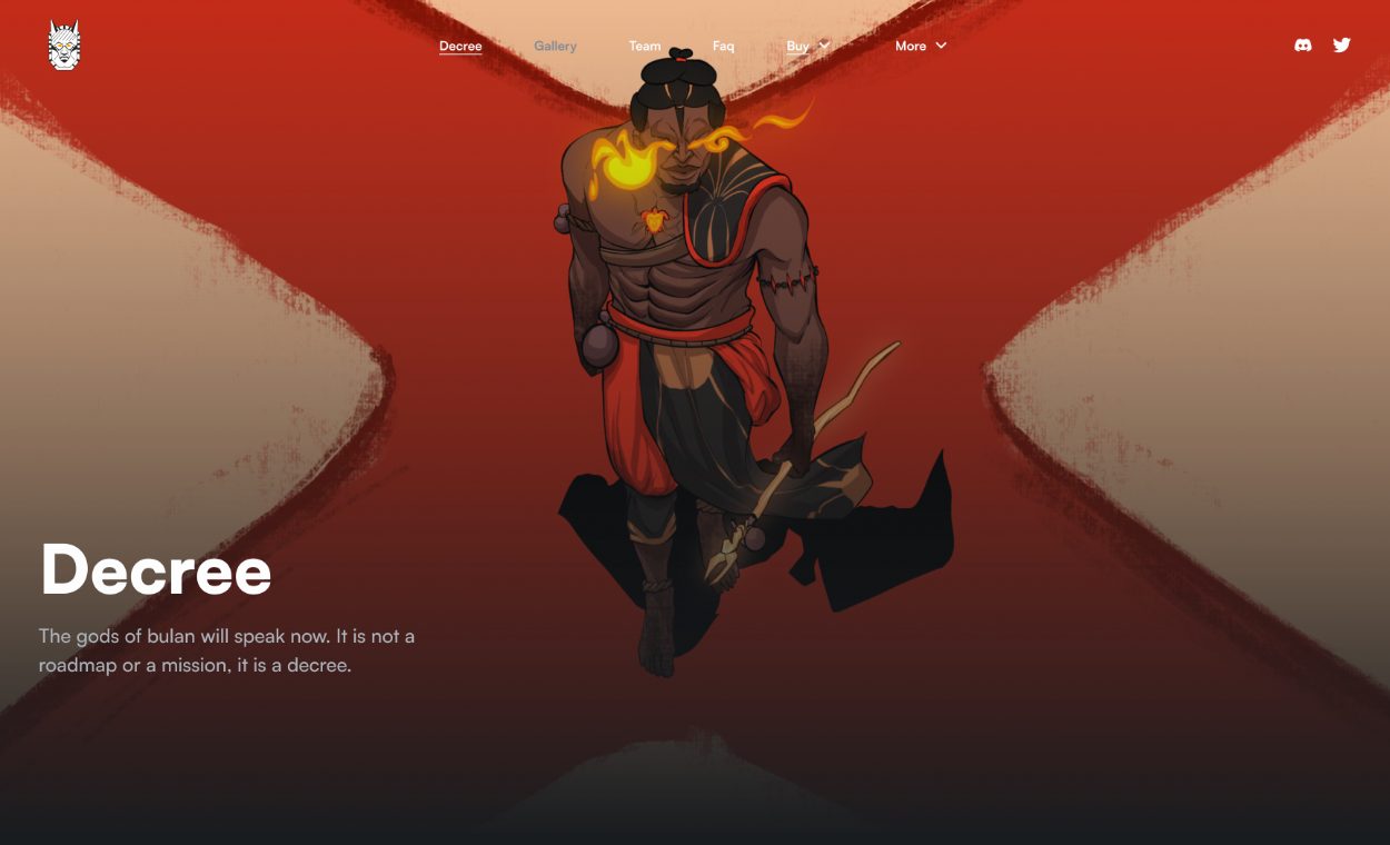 Decree on desktop: a god with burning eyes walking out of a red gateway, above the title Decree and its opening line