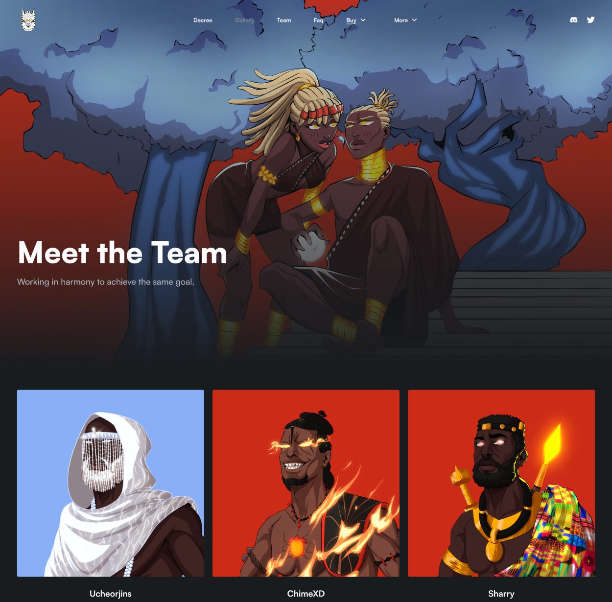Meet the Team on desktop: team members shown as gods in cards, each with a name and role