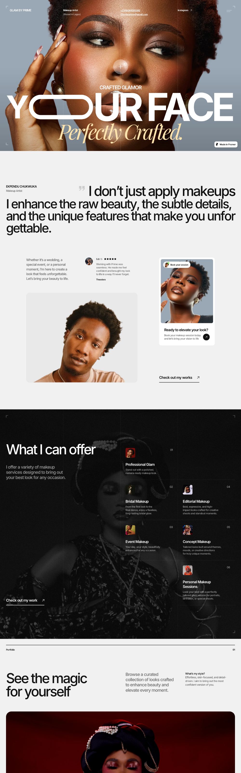 The GlamByPrime site from the hero down to the portfolio gallery