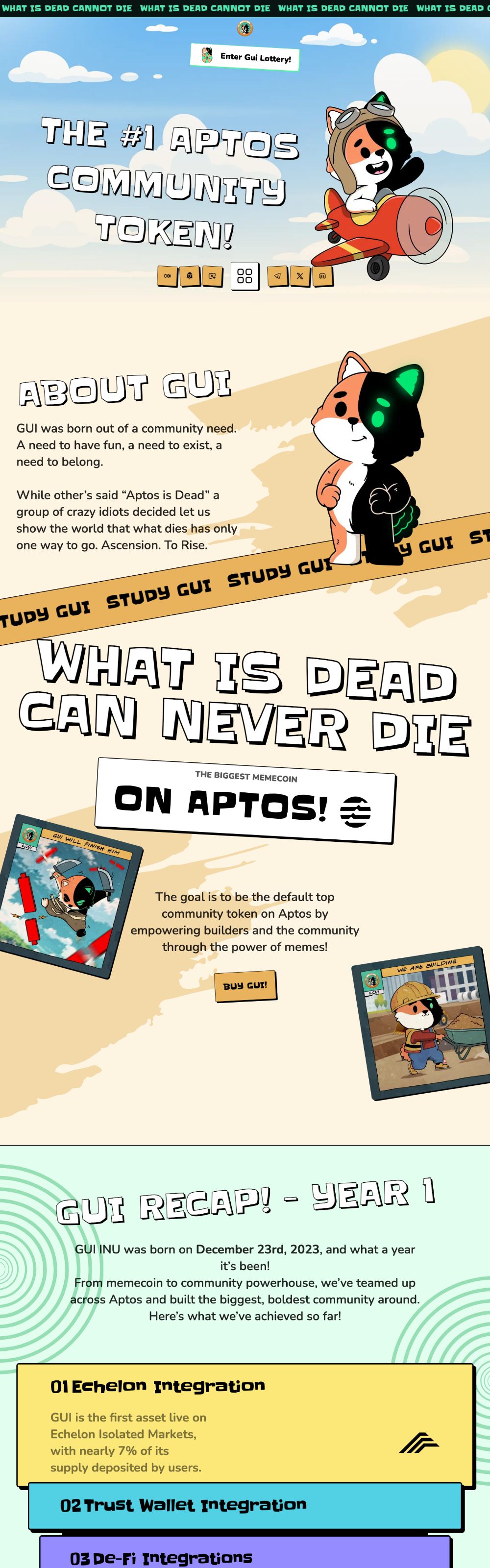 The Gui Inu site: The #1 Aptos community token, then About Gui and What is dead can never die