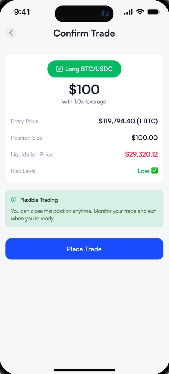 Confirm trade: Long BTC/USDC, $100 with 1.0x leverage, entry and liquidation prices, risk level Low and a flexible trading note