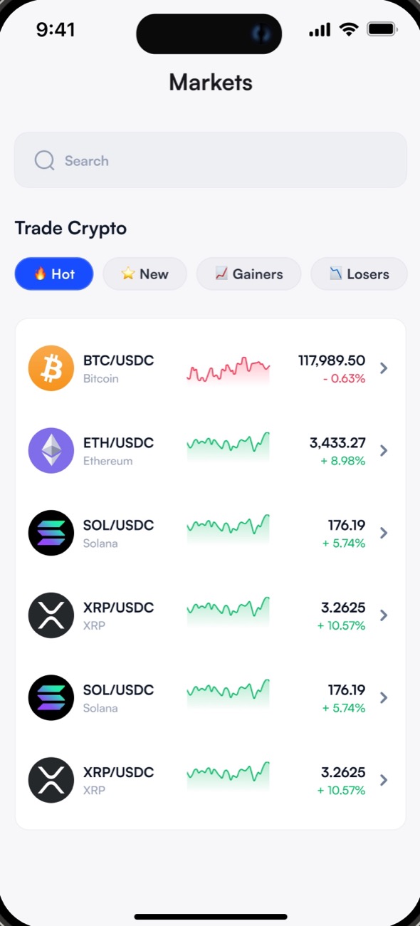 Markets screen: search, Hot, New, Gainers and Losers filters, and a list of pairs with sparklines