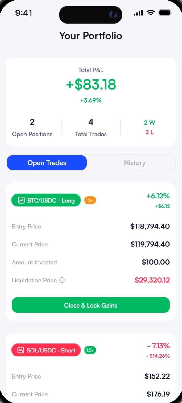 Portfolio: total profit and loss, open positions and a Close & Lock Gains button