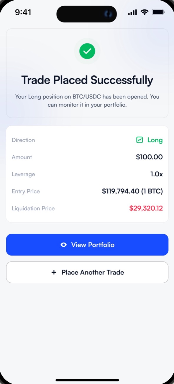 Trade placed successfully: a summary of the position with View Portfolio and Place Another Trade