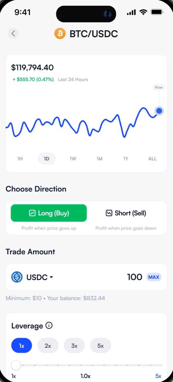 Trade page for BTC/USDC: price chart on top, then Long or Short, trade amount and leverage